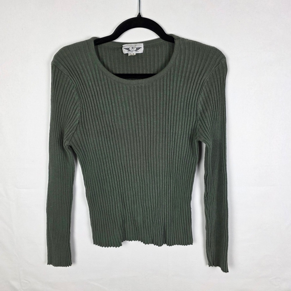 B Zov New York Paris Vintage Ribbed Long Sleeve Top Olive Green Cotton Large